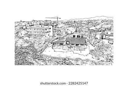 Building view with landmark of Porto Colom is a smallish town in Mallorca. Hand drawn sketch illustration in vector.