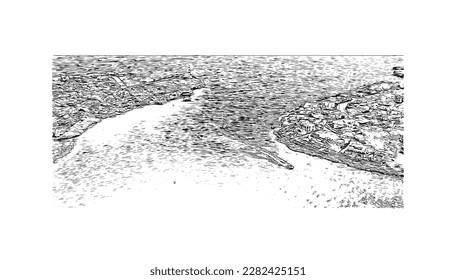 Building view with landmark of Porto Colom is a smallish town in Mallorca. Hand drawn sketch illustration in vector.