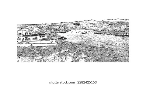 Building view with landmark of Porto Colom is a smallish town in Mallorca. Hand drawn sketch illustration in vector.