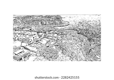 Building view with landmark of Porto Colom is a smallish town in Mallorca. Hand drawn sketch illustration in vector.