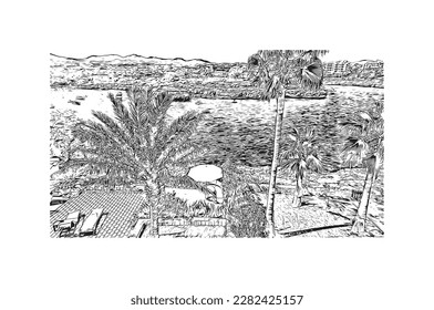 Building view with landmark of Porto Colom is a smallish town in Mallorca. Hand drawn sketch illustration in vector.