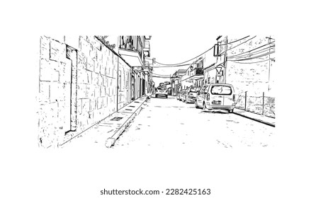 Building view with landmark of Porto Colom is a smallish town in Mallorca. Hand drawn sketch illustration in vector.