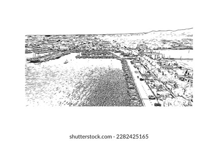 Building view with landmark of Porto Colom is a smallish town in Mallorca. Hand drawn sketch illustration in vector.