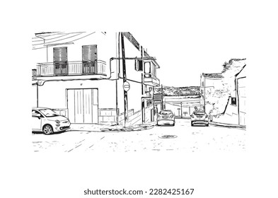 Building view with landmark of Porto Colom is a smallish town in Mallorca. Hand drawn sketch illustration in vector.