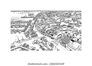 Building view with landmark of Porto Colom is a smallish town in Mallorca. Hand drawn sketch illustration in vector.