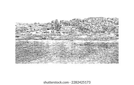 Building view with landmark of Porto Colom is a smallish town in Mallorca. Hand drawn sketch illustration in vector.