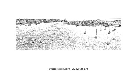 Building view with landmark of Porto Colom is a smallish town in Mallorca. Hand drawn sketch illustration in vector.