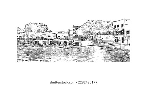 Building view with landmark of Porto Colom is a smallish town in Mallorca. Hand drawn sketch illustration in vector.