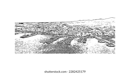 Building view with landmark of Porto Colom is a smallish town in Mallorca. Hand drawn sketch illustration in vector.