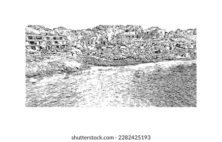 Building view with landmark of Porto Colom is a smallish town in Mallorca. Hand drawn sketch illustration in vector.