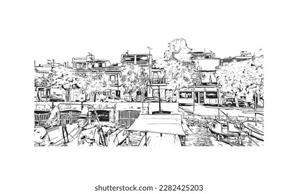 Building view with landmark of Porto Colom is a smallish town in Mallorca. Hand drawn sketch illustration in vector.