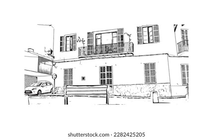 Building view with landmark of Porto Colom is a smallish town in Mallorca. Hand drawn sketch illustration in vector.