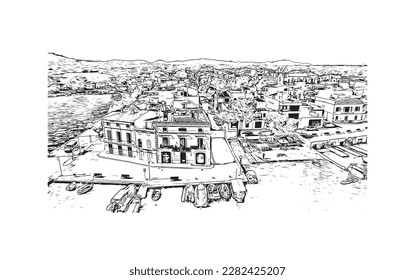 Building view with landmark of Porto Colom is a smallish town in Mallorca. Hand drawn sketch illustration in vector.