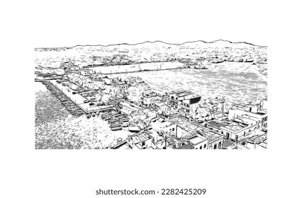 Building view with landmark of Porto Colom is a smallish town in Mallorca. Hand drawn sketch illustration in vector.