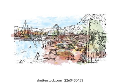 Building view with landmark of Porto Cristo is the 
town in  Spain. Watercolor splash with hand drawn sketch illustration in vector.