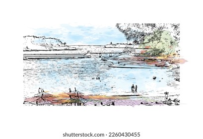 Building view with landmark of Porto Cristo is the 
town in  Spain. Watercolor splash with hand drawn sketch illustration in vector.