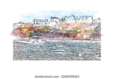 Building view with landmark of Porto Cristo is the 
town in  Spain. Watercolor splash with hand drawn sketch illustration in vector.