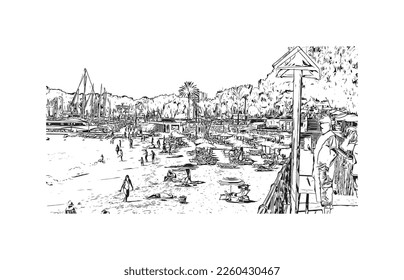 Building view with landmark of Porto Cristo is the 
town in  Spain. Hand drawn sketch illustration in vector.