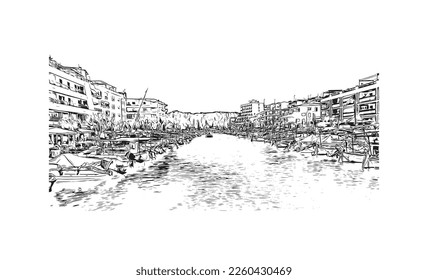 Building view with landmark of Porto Cristo is the 
town in  Spain. Hand drawn sketch illustration in vector.