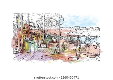 Building view with landmark of Porto Cristo is the 
town in  Spain. Watercolor splash with hand drawn sketch illustration in vector.