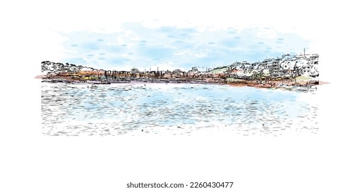 Building view with landmark of Porto Cristo is the 
town in  Spain. Watercolor splash with hand drawn sketch illustration in vector.