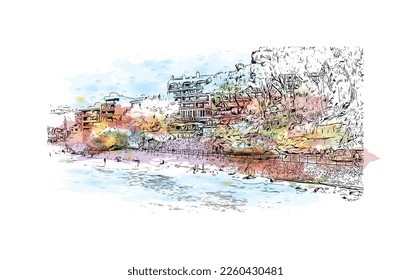 Building view with landmark of Porto Cristo is the 
town in  Spain. Watercolor splash with hand drawn sketch illustration in vector.