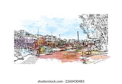 Building view with landmark of Porto Cristo is the 
town in  Spain. Watercolor splash with hand drawn sketch illustration in vector.