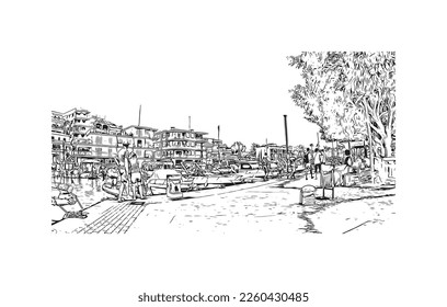 Building view with landmark of Porto Cristo is the 
town in  Spain. Hand drawn sketch illustration in vector.