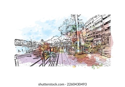 Building view with landmark of Porto Cristo is the 
town in  Spain. Watercolor splash with hand drawn sketch illustration in vector.