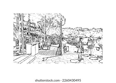 Building view with landmark of Porto Cristo is the 
town in  Spain. Hand drawn sketch illustration in vector.