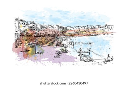 Building view with landmark of Porto Cristo is the 
town in  Spain. Watercolor splash with hand drawn sketch illustration in vector.