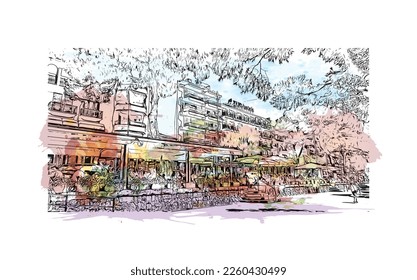 Building view with landmark of Porto Cristo is the 
town in  Spain. Watercolor splash with hand drawn sketch illustration in vector.