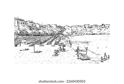 Building view with landmark of Porto Cristo is the 
town in  Spain. Hand drawn sketch illustration in vector.