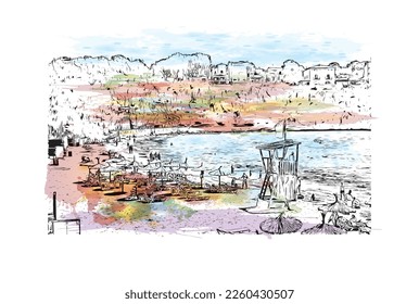 Building view with landmark of Porto Cristo is the 
town in  Spain. Watercolor splash with hand drawn sketch illustration in vector.