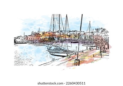 Building view with landmark of Porto Cristo is the 
town in  Spain. Watercolor splash with hand drawn sketch illustration in vector.