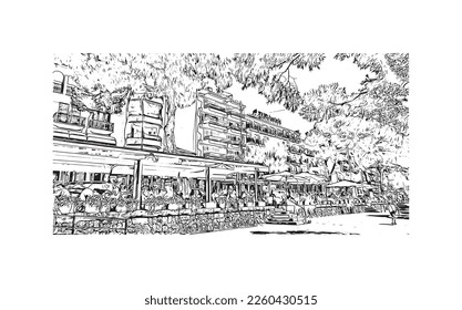 Building view with landmark of Porto Cristo is the 
town in  Spain. Hand drawn sketch illustration in vector.