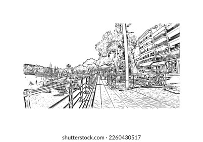 Building view with landmark of Porto Cristo is the 
town in  Spain. Hand drawn sketch illustration in vector.