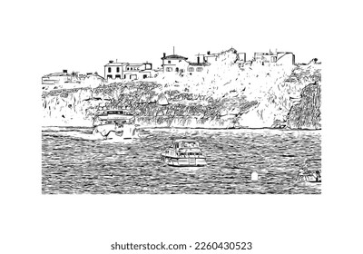 Building view with landmark of Porto Cristo is the 
town in  Spain. Hand drawn sketch illustration in vector.