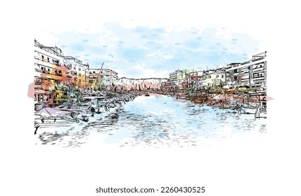 Building view with landmark of Porto Cristo is the 
town in  Spain. Watercolor splash with hand drawn sketch illustration in vector.