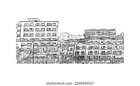 Building view with landmark of Porto Cristo is the 
town in  Spain. Hand drawn sketch illustration in vector.