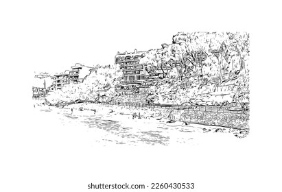 Building view with landmark of Porto Cristo is the 
town in  Spain. Hand drawn sketch illustration in vector.