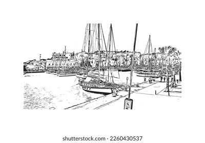 Building view with landmark of Porto Cristo is the 
town in  Spain. Hand drawn sketch illustration in vector.