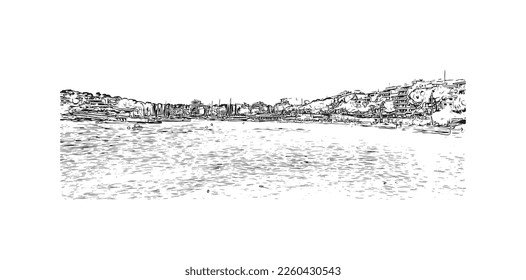 Building view with landmark of Porto Cristo is the 
town in  Spain. Hand drawn sketch illustration in vector.