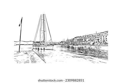 Building view with landmark of   Porto ferraio is the town in Italy. Hand drawn sketch illustration in vector.