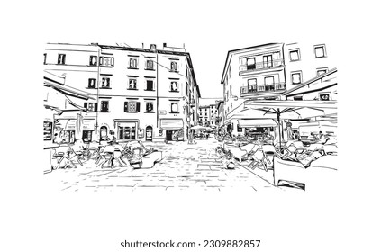 Building view with landmark of   Porto ferraio is the town in Italy. Hand drawn sketch illustration in vector.