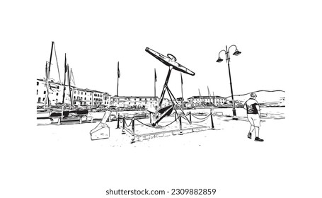 Building view with landmark of   Porto ferraio is the town in Italy. Hand drawn sketch illustration in vector.