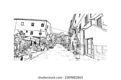 Building view with landmark of   Porto ferraio is the town in Italy. Hand drawn sketch illustration in vector.