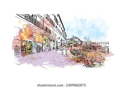 Building view with landmark of   Porto ferraio is the town in Italy. Watercolor splash with hand drawn sketch illustration in vector.