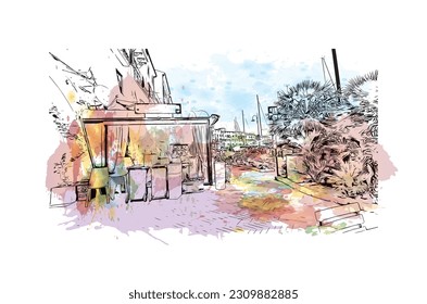 Building view with landmark of   Porto ferraio is the town in Italy. Watercolor splash with hand drawn sketch illustration in vector.