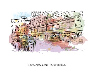 Building view with landmark of   Porto ferraio is the town in Italy. Watercolor splash with hand drawn sketch illustration in vector.